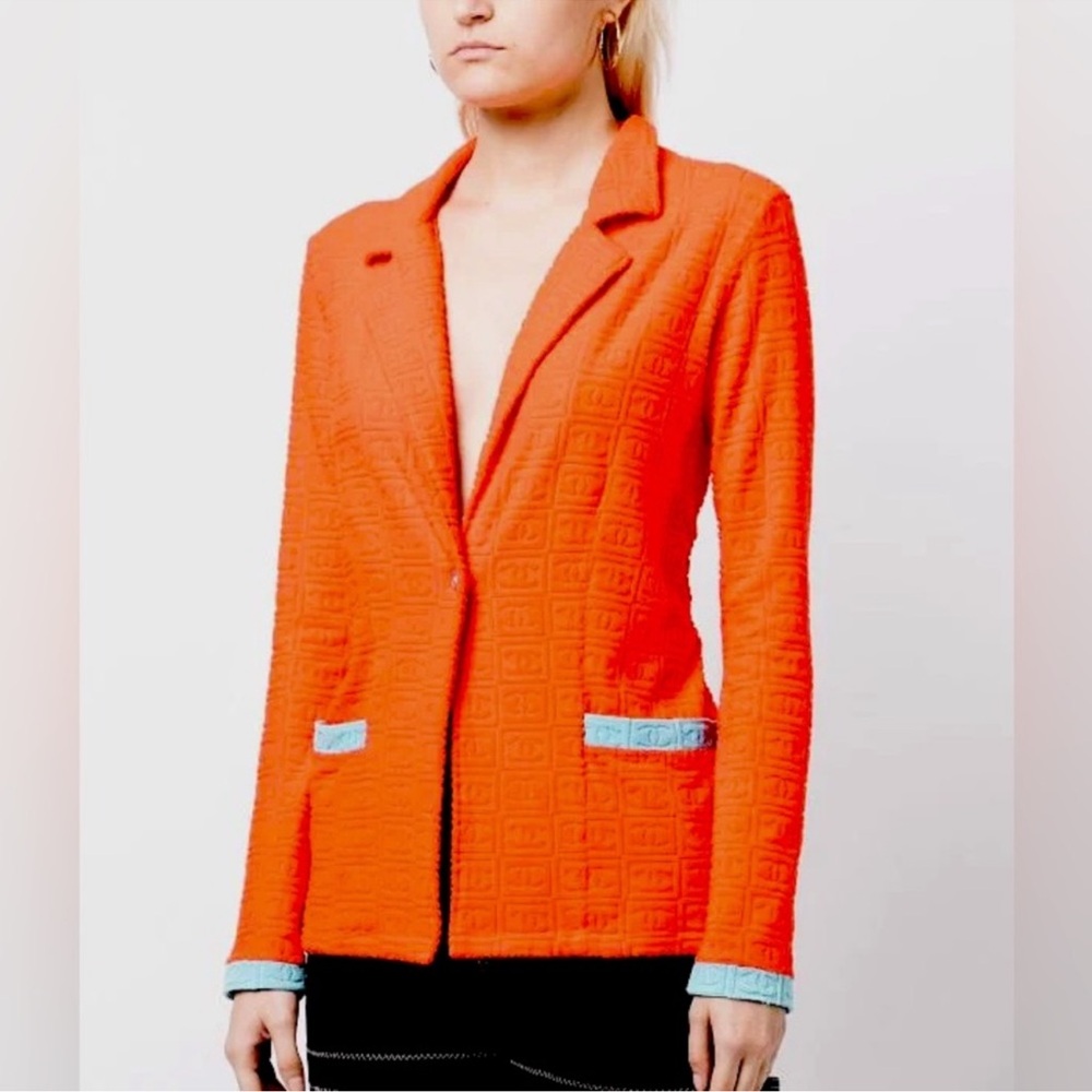 CHANEL Orange and Blue Tailored Blazer with Notched Lapels